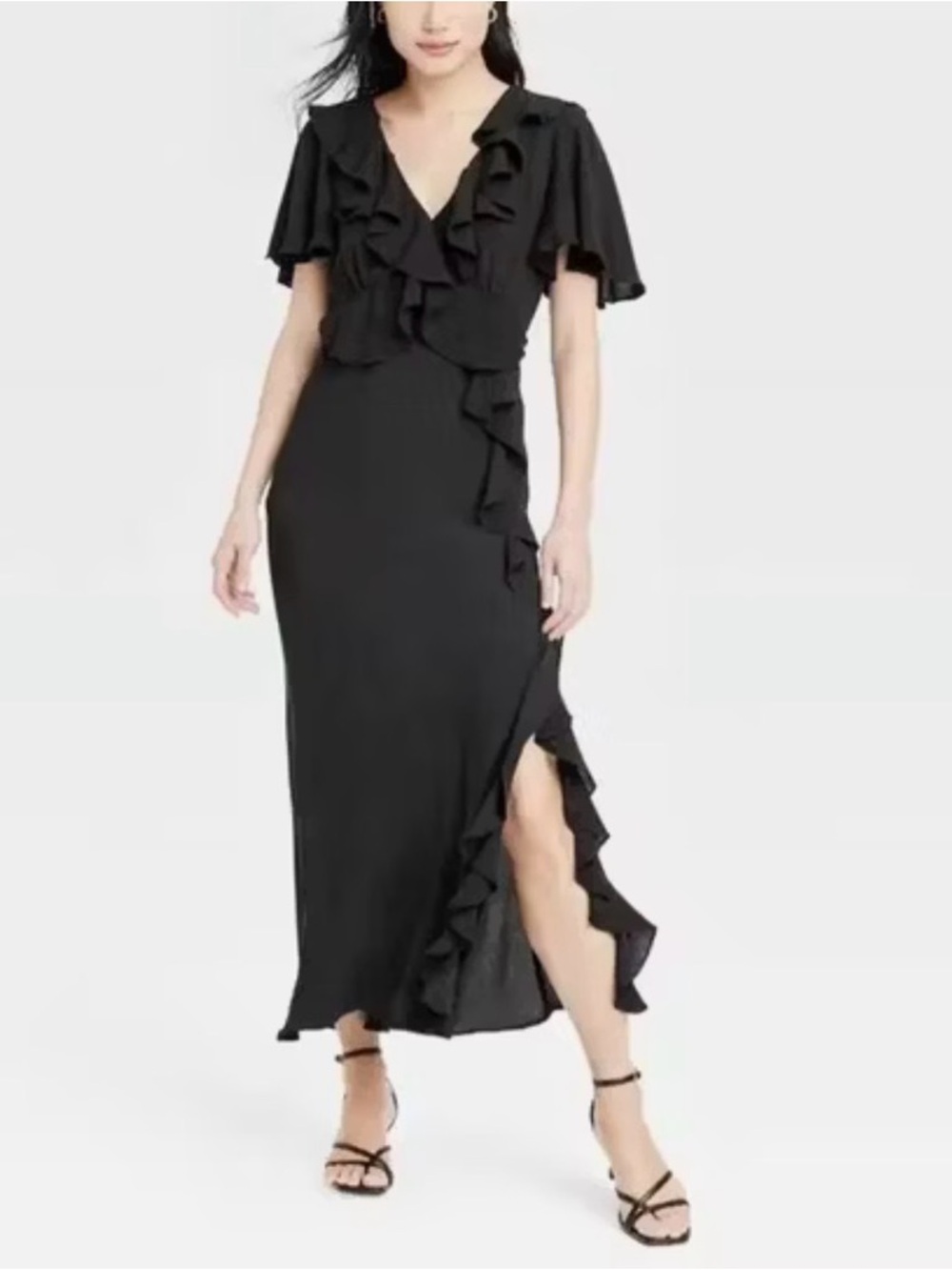 a new day Black Ruffle V-Neck Maxi Dress with slit